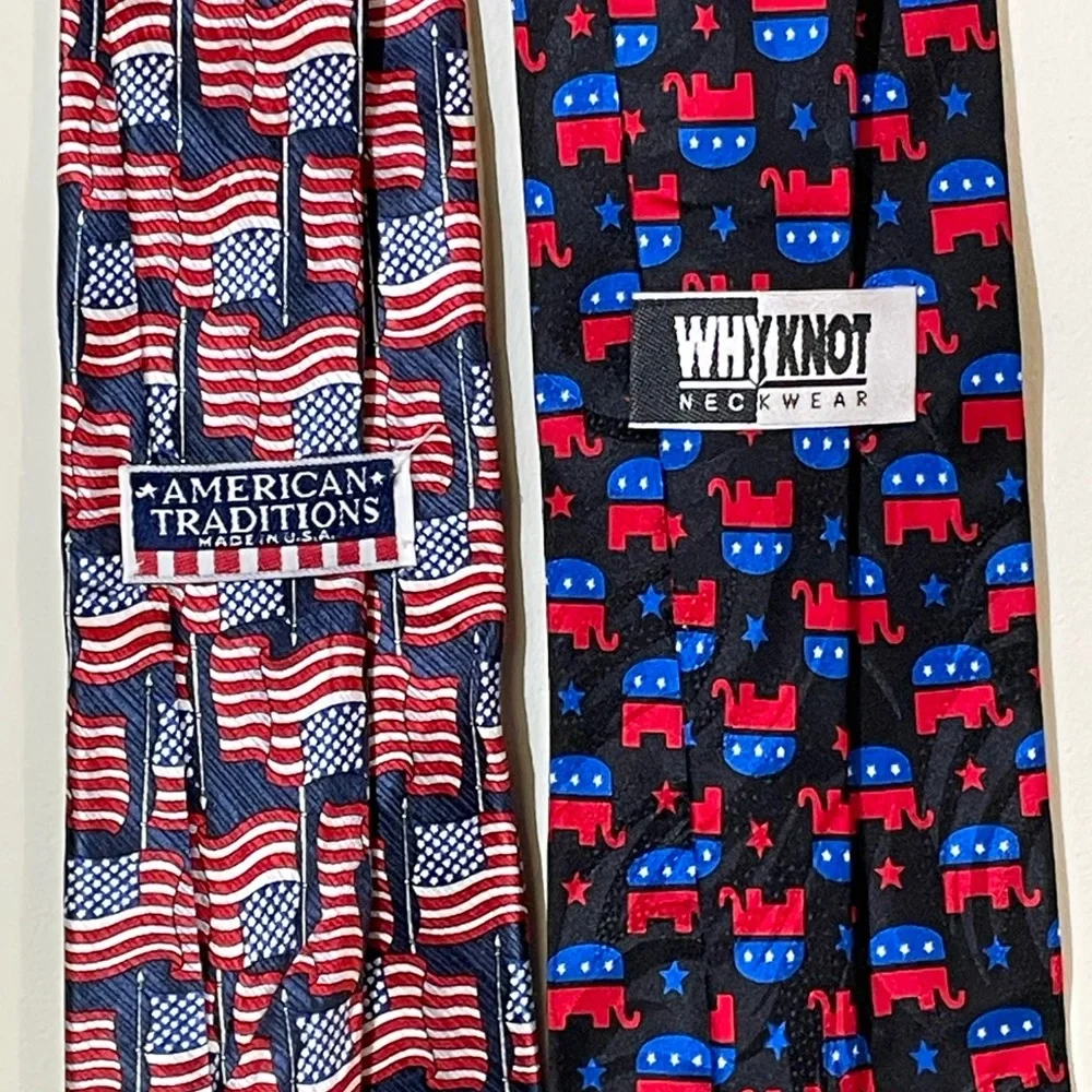 Mens USA Patriotic Necktie 1 USA Flag 1 USA Elephant Republican Party‎ Set of 2